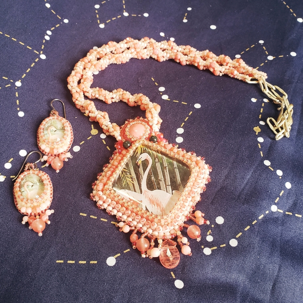One of a kind handmade flamingo beads set